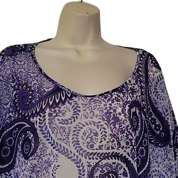 Alfani Womens 2X Purple Paisley Sheer Top With Tie Hem - Picture 2 of 6